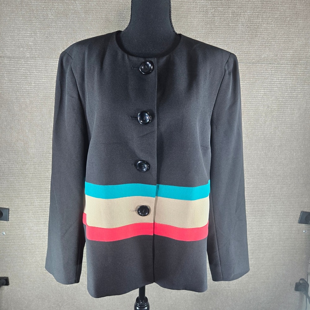 Kasper Womens 18 Black Colorblock Striped Collarless Button Front Blazer Jacket